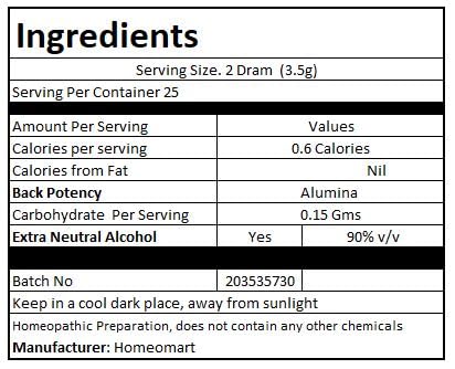 Product label showing Alumina 200C potency on the vial