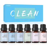 AmaKane Fragrance Oils Clean Set bottle lineup with six scents: Warm Cotton, Clean Skin, Fresh Linen, Pure Soap, Simply, Rain