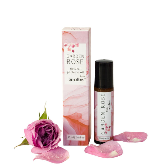 Amallow Garden Rose perfume roller bottle with organic essential oils