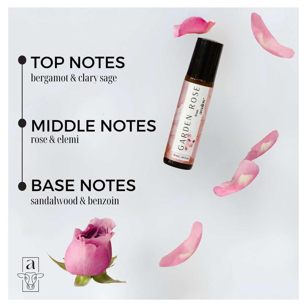 Close-up of Garden Rose blend: rose, sandalwood, elemi, clary sage