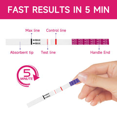 Close-up of an HCG pregnancy test strip showing results