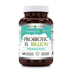 Front view of Amazing Flora Probiotic bottle with label showing 10 strains and 15 Billions