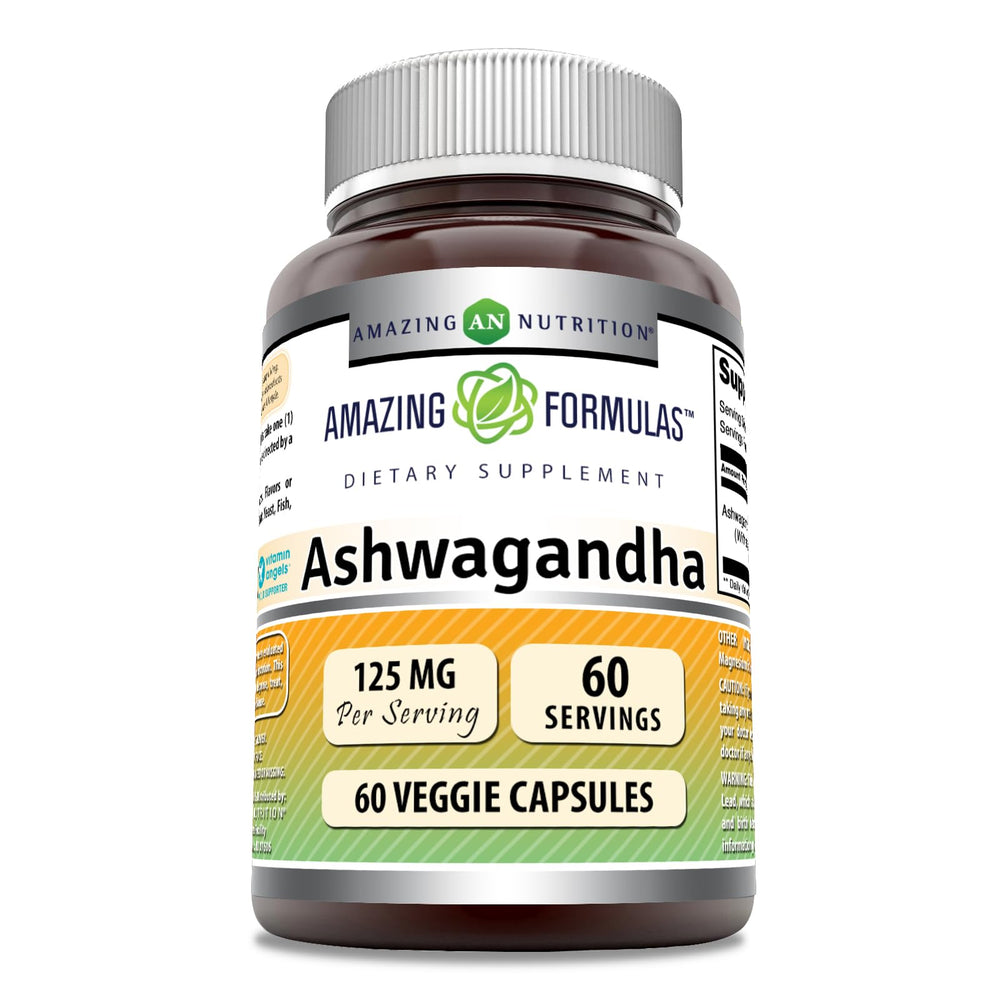 Bottle label of Amazing Formulas Ashwagandha Extract Supplement showing 125 mg per serving