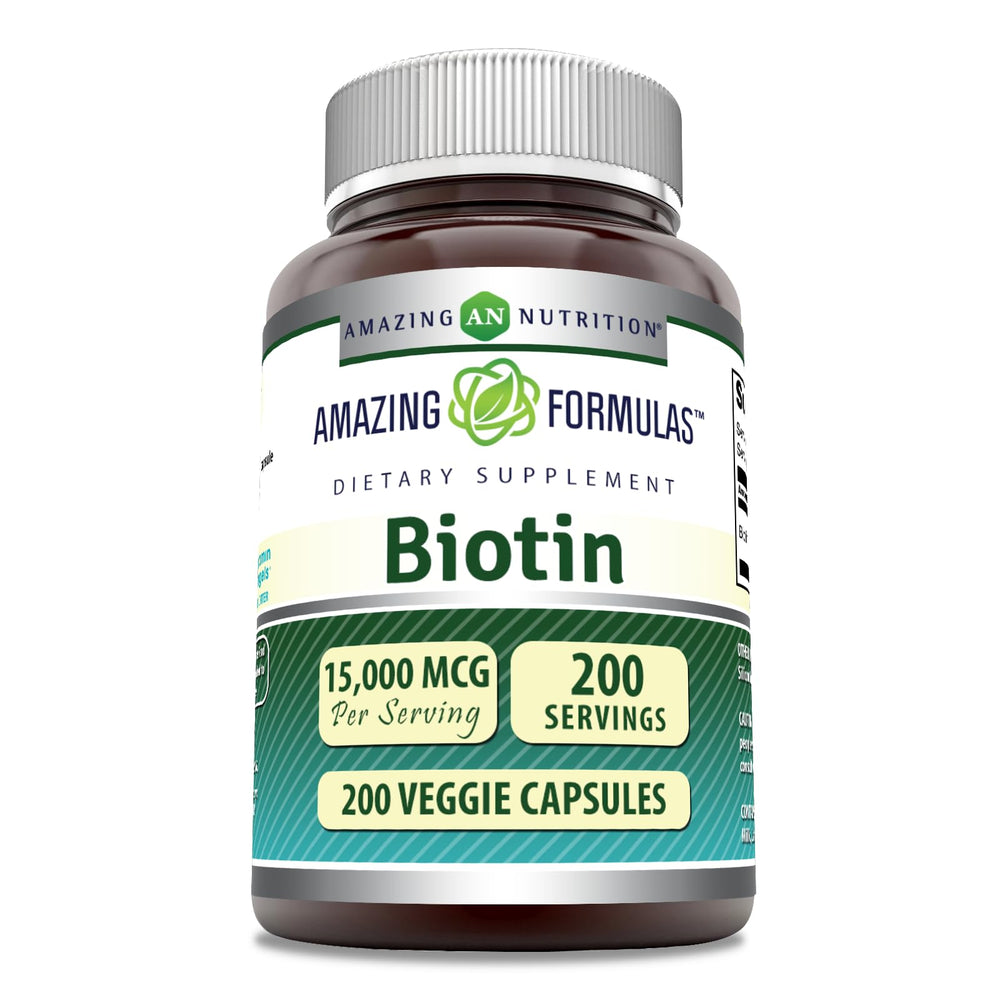 Bottle of Amazing Formulas Biotin 15000 mcg supplement