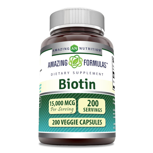 Bottle of Amazing Formulas Biotin 15000 mcg supplement