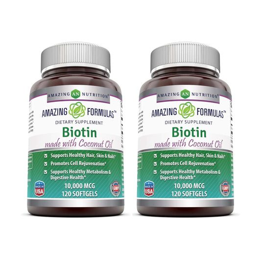 Bottle and box of Amazing Formulas Biotin with Coconut Oil Softgels, 120-count, 2-pack