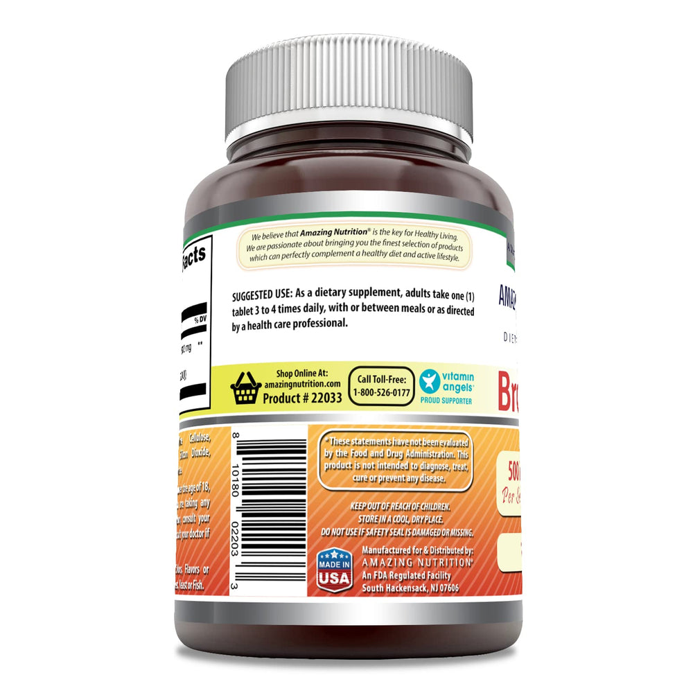 Close-up of Bromelain 500 mg tablet bottle label – Non-GMO, Gluten-Free