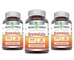 Bottle of Amazing Formulas Bromelain 500 mg with 120 veggie capsules in a 3-pack
