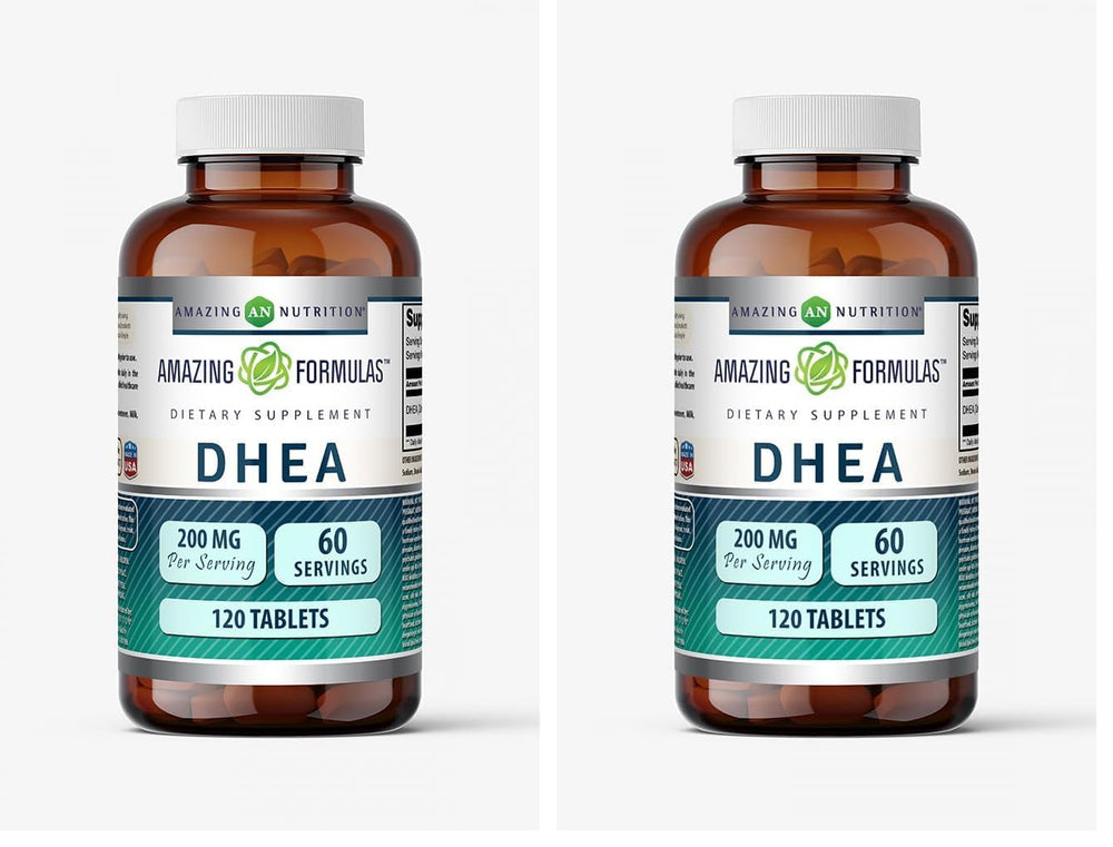 Front view of Amazing Formulas DHEA supplement bottle showing 200 mg per serving 120 tablets pack of 2
