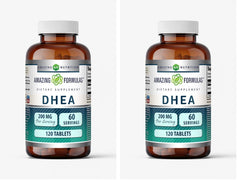 Front view of Amazing Formulas DHEA supplement bottle showing 200 mg per serving 120 tablets pack of 2