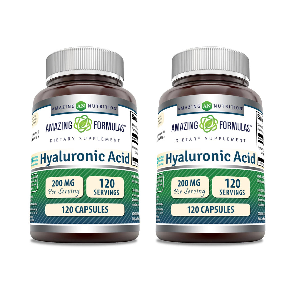 Bottle of Amazing Formulas Hyaluronic Acid 200 mg capsules, 120-count, Made in USA