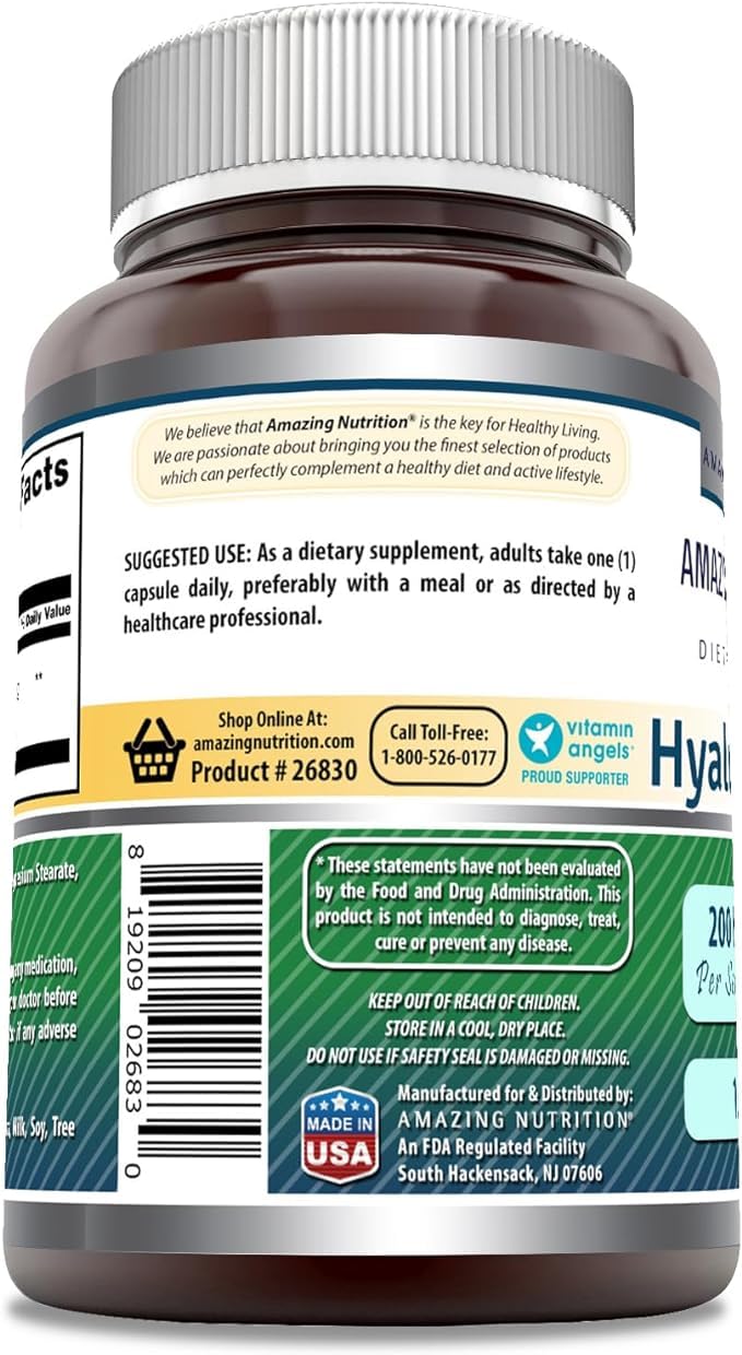 Non-GMO and Gluten Free labeling on Amazing Formulas Hyaluronic Acid bottle