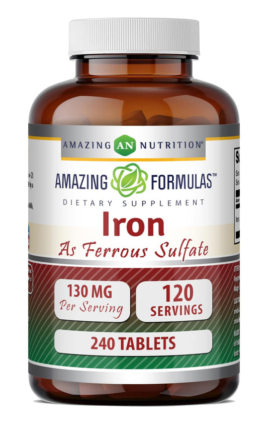 Front view of Amazing Formulas Iron supplement bottle with ferrous sulfate 130 mg per serving