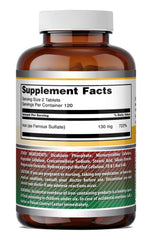 Product label showing 130 mg iron per serving on ferrous sulfate supplement