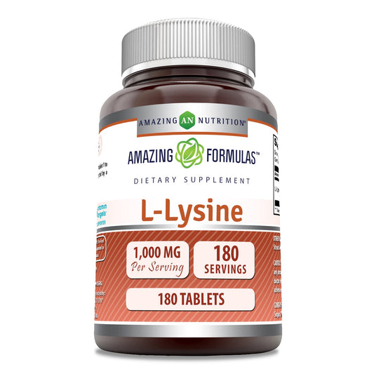 Front view of Amazing Formulas L-Lysine 1000 mg bottle