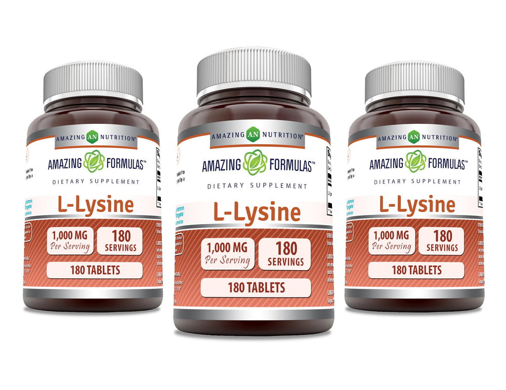 Amazing Formulas L-Lysine 1000mg tablets bottle - Non-GMO, Gluten Free, Made in USA (180 tablets) in a 3-pack