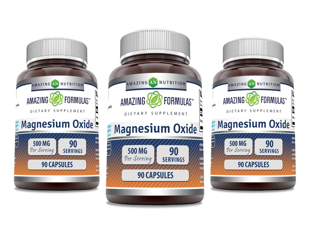 Bottle of Amazing Formulas Magnesium Oxide 500 mg capsules