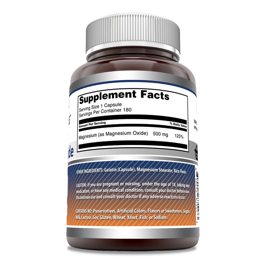 Nutrition facts and ingredients label for Amazing Formulas Magnesium Oxide 500 mg 180 capsules