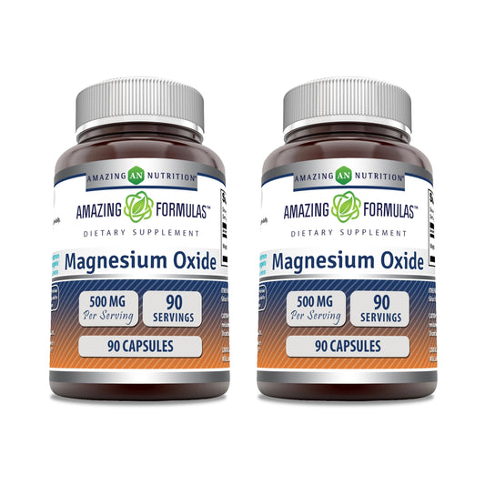 Amazing Formulas Magnesium Oxide 500 mg capsules – 2 pack, 90-count bottles, USA made