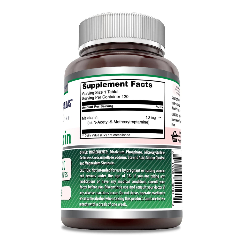 Close-up of Amazing Formulas Melatonin 10 mg bottle with 120 count