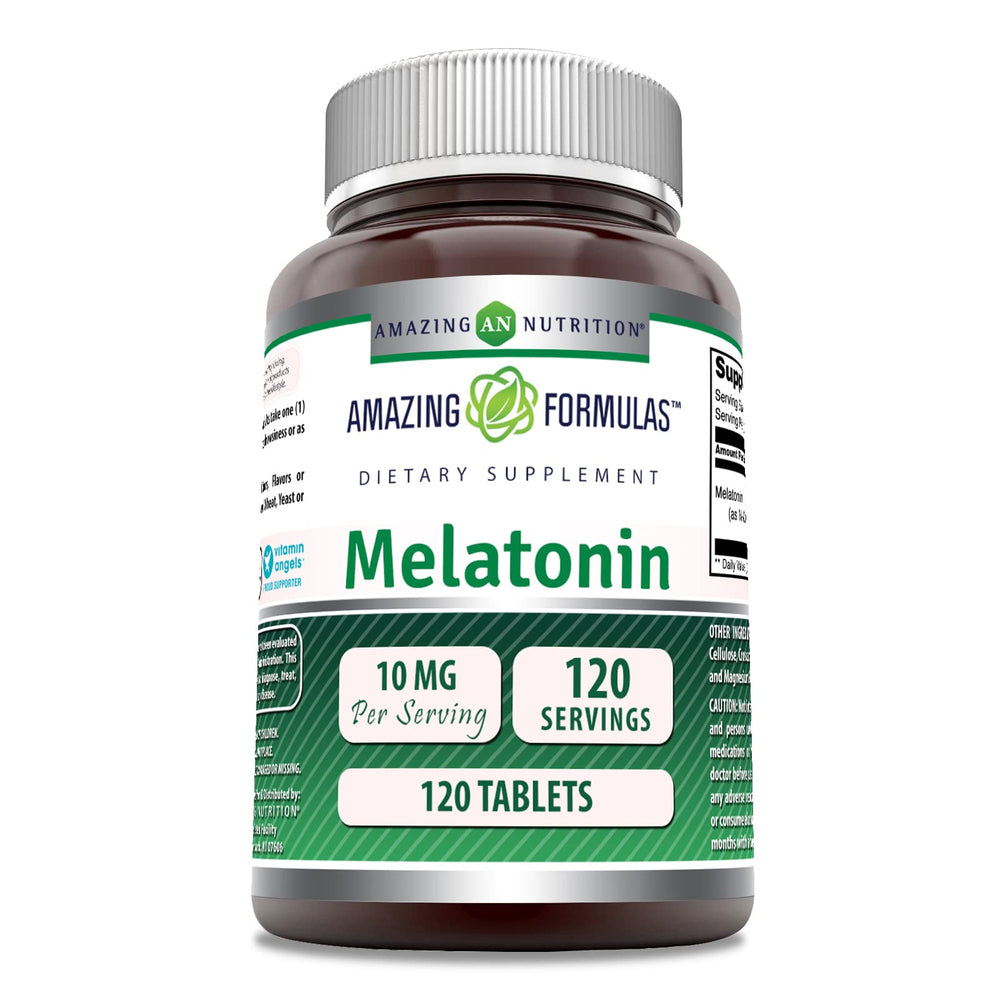 Bottle of Amazing Formulas Melatonin 10 mg tablets - front view