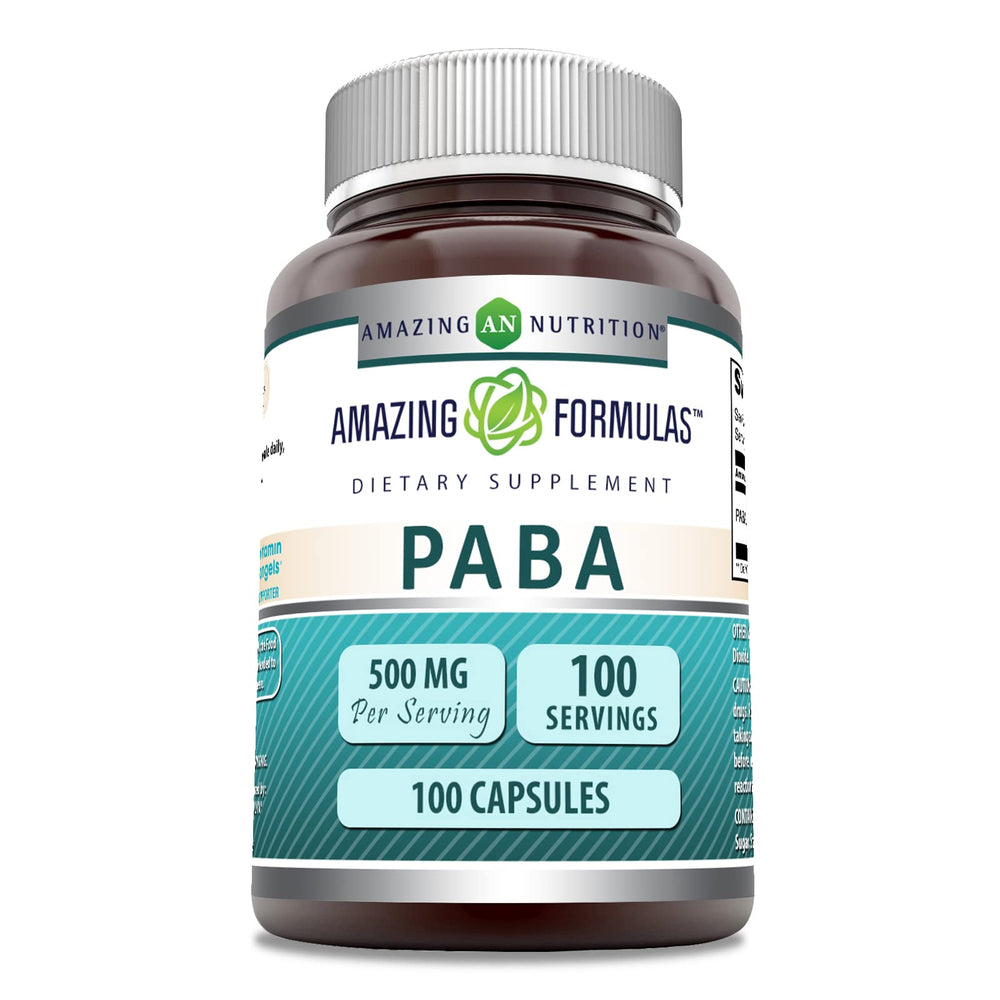 Front view of Amazing Formulas PABA 500 mg bottle label