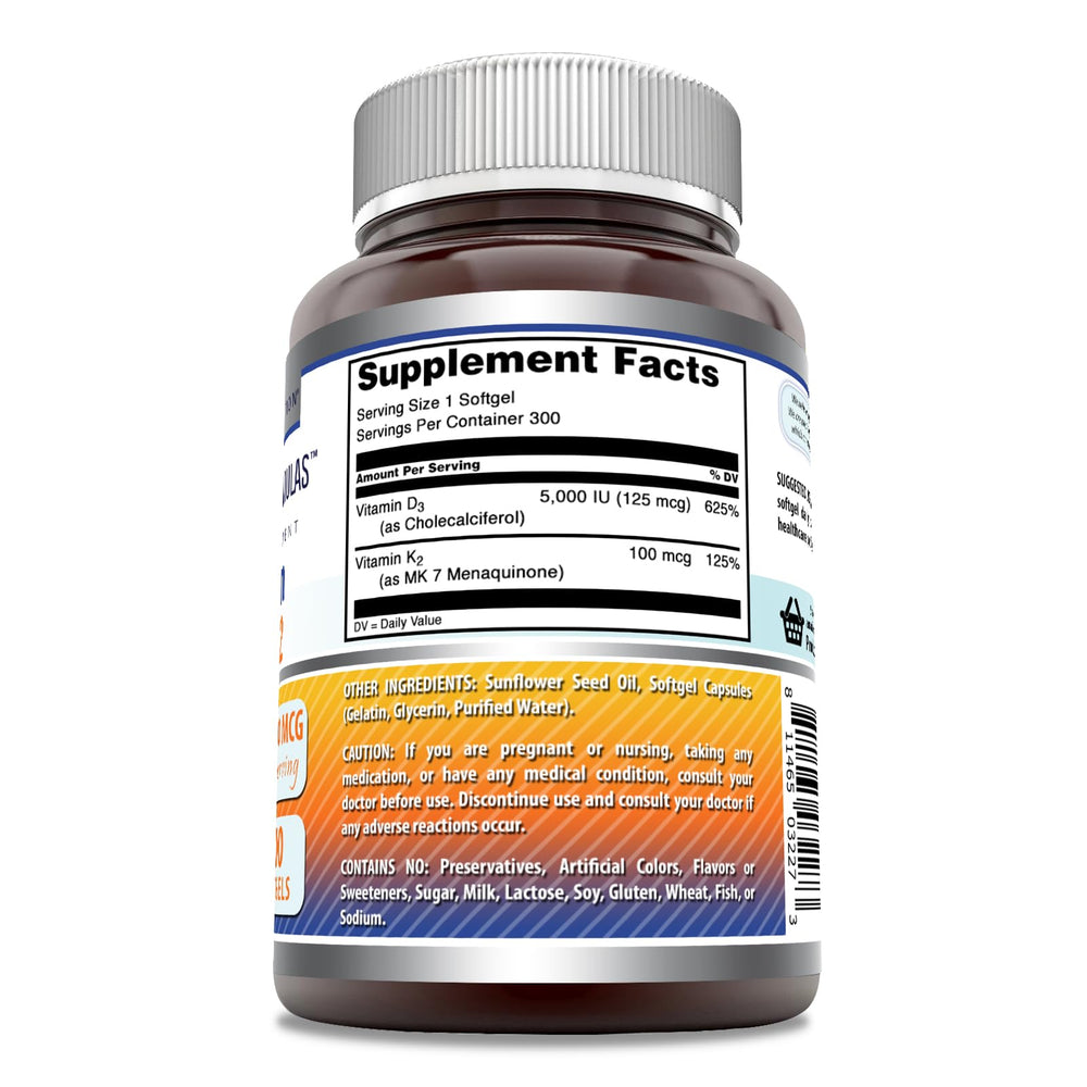 Label showing D3 5000 IU and K2 100 mcg on Amazing Formulas bottle