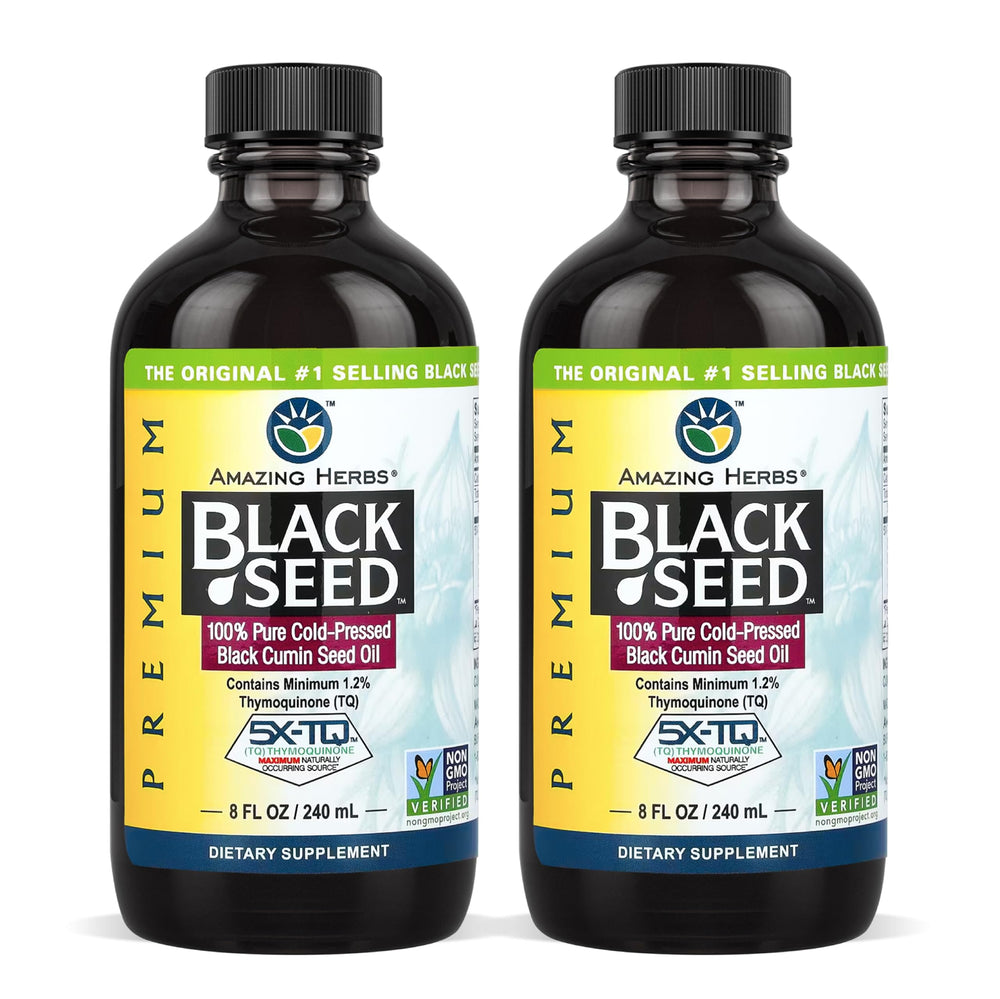 Amazing Herbs black seed oil bottle for daily immune support and digestion.