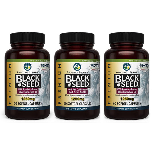 Bottle of Amazing Herbs Premium Black Seed Oil Capsules 1250mg - Pack of 3