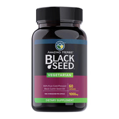 Bottle of Amazing Herbs Black Seed Oil Capsules - 60 vegetarian capsules, 1000 mg each