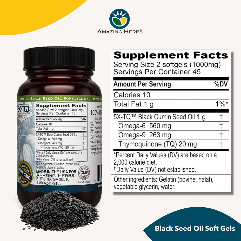 Two-pack of Amazing Herbs Black Seed Oil Capsules bottles