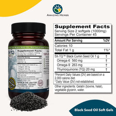 Amazing Herbs black seed oil capsules close-up showing 500 mg strength for digestive comfort