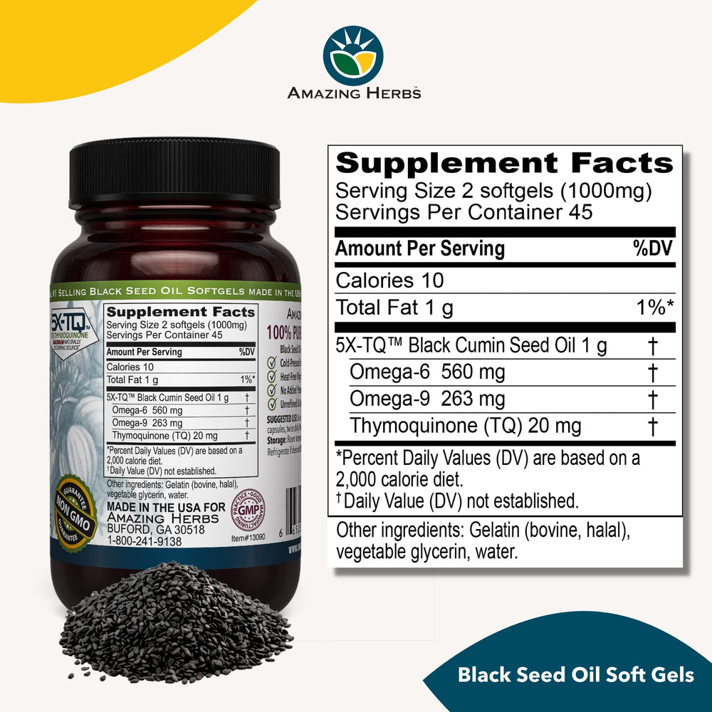 Nutrition label close-up for Amazing Herbs Black Seed Oil Capsules