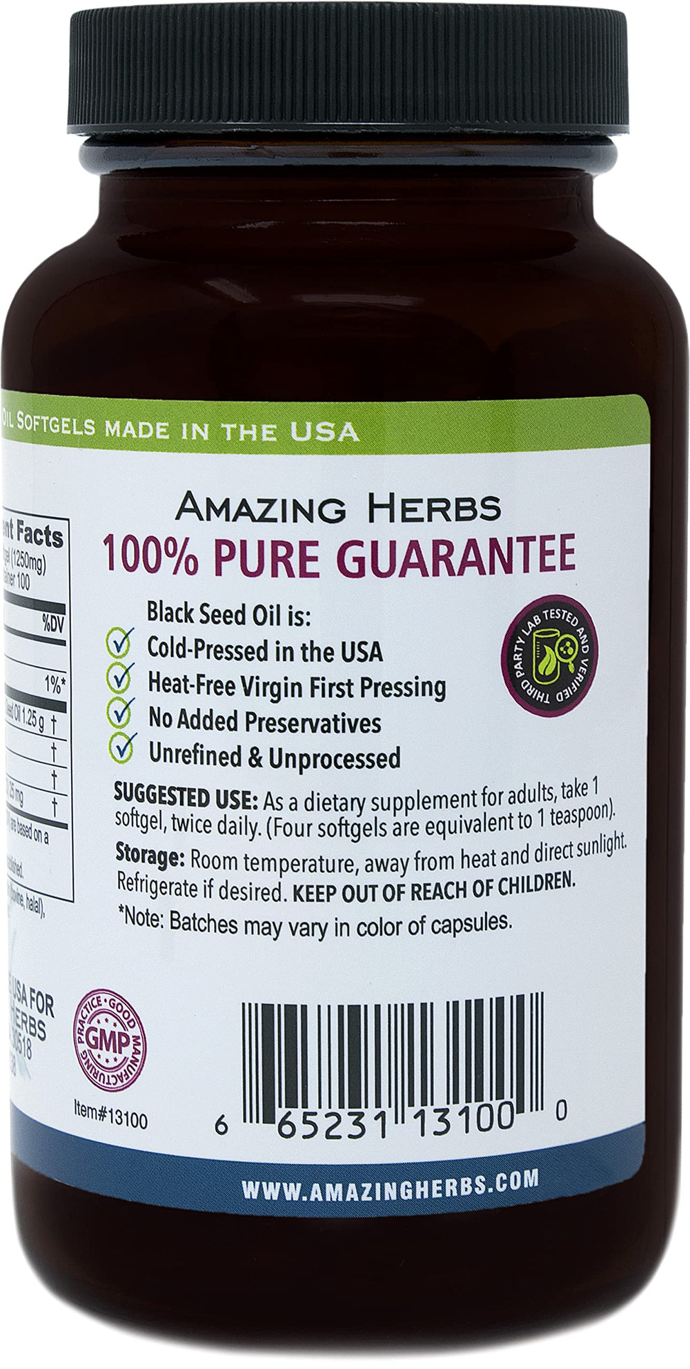 Amazing Herbs Black Seed Oil Pills bottle dispensing shot for easy daily dosing.