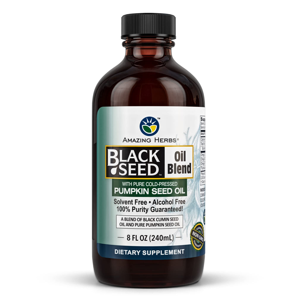 Amazing Herbs Black Seed and Pumpkin Seed Oil Blend bottle front 8 oz