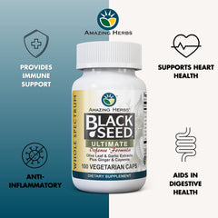 Close up of Amazing Herbs Black Seed Ultimate bottle showing vegan and gluten free labels