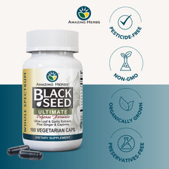 Ingredients listed on bottle: black cumin seeds, olive leaf extract, garlic, ginger, cayenne