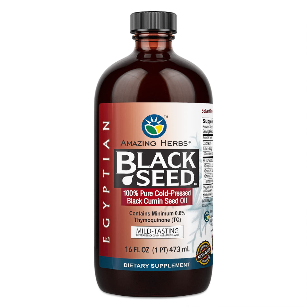 Front view of Amazing Herbs Egyptian Black Seed Oil 16 oz bottle