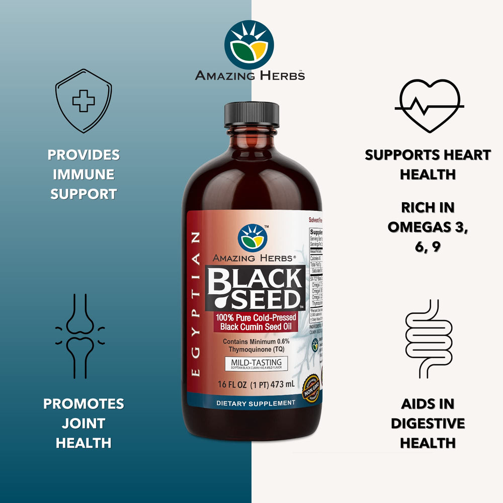Pouring Amazing Herbs Egyptian Black Seed Oil shows a mild flavor ideal for lighter palates.