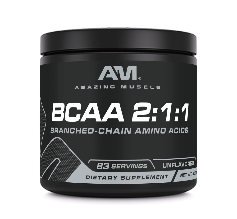 Amazing Muscle BCAA supplement bottle with unflavored powder, 500g