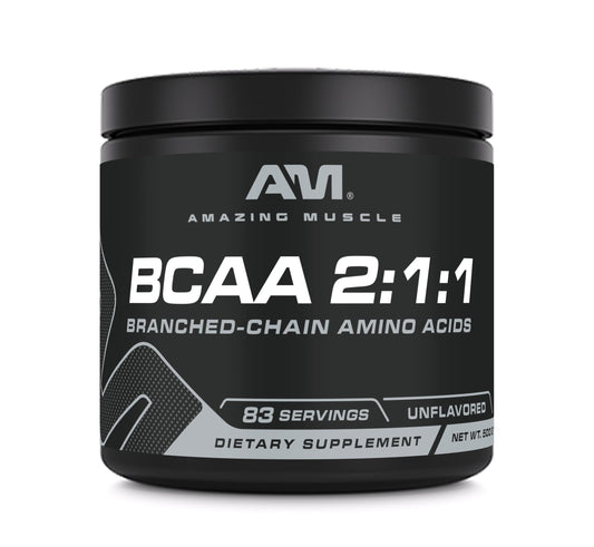 Amazing Muscle BCAA supplement bottle with unflavored powder, 500g