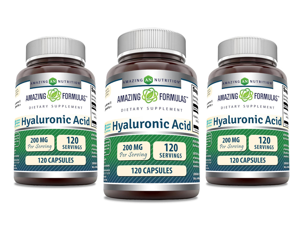 Amazing Nutrition Amazing Formulas Hyaluronic Acid bottle pour supports daily moisture and easy dosing.