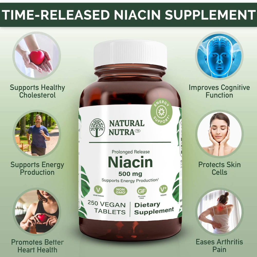 Amber glass bottle of Niacin 500mg time-release