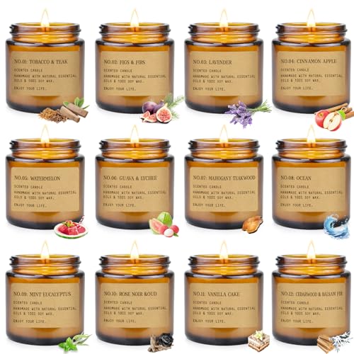12-pack amber jar candles arranged in a row