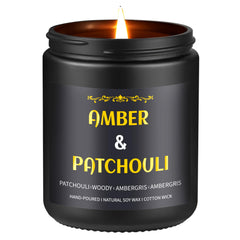 Amber Patchouli Candle 9 oz front view in black jar with gold embossing