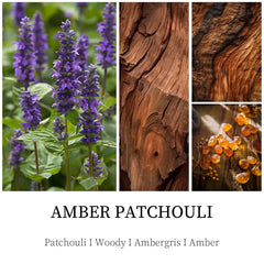 Close-up of gold embossing and label on Amber Patchouli Candle