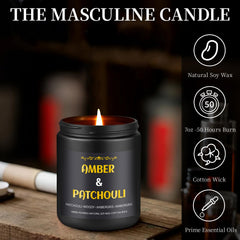 Masculine packaging and gift-ready box for Amber Patchouli Candle