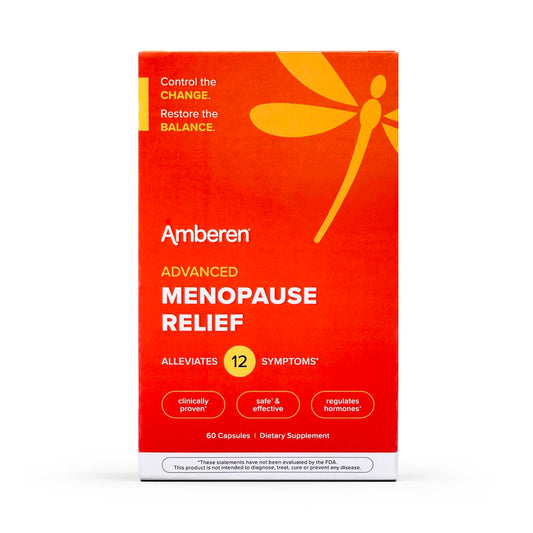 Amberen menopause bottle on table suggesting daily relief for hot flashes and sleep support.