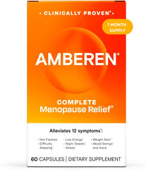 Amberen menopause bottle on table suggesting daily relief for hot flashes and sleep support.