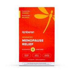Amberen menopause bottle on table suggesting daily relief for hot flashes and sleep support.
